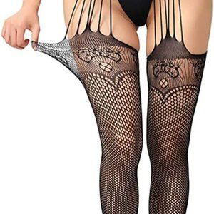 NYKKOLA Women's High Waist Fishnet Tights Suspender Pantyhose Thigh High